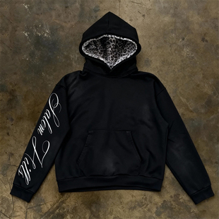 高街豹纹内衬连帽卫衣男女宽松黑色长袖 美式 上衣秋冬 hoodie y2k