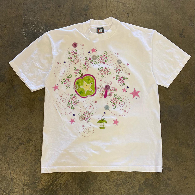 软妹风苹果与蝴蝶的梦幻漩涡y2k纯棉小众原创宽松纯棉短袖t恤女