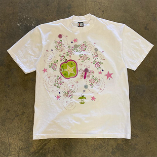软妹风苹果与蝴蝶的梦幻漩涡y2k纯棉小众原创宽松纯棉短袖t恤女