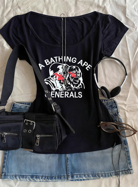 亚文化潮牌猿人印花短袖T恤夏季修身U领街头风上衣小众设计感百搭