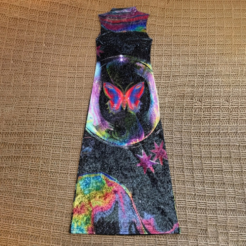 Y2K千禧辣妹半高领无袖连衣裙女幻彩星河星空蝴蝶复古长款背心裙