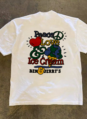 Peac Love Ice Cream 夏季圆领可爱短袖百搭宽松情侣T恤女夏上衣