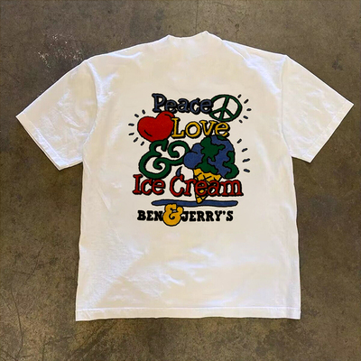 Peac Love Ice Cream 夏季圆领可爱短袖百搭宽松情侣T恤女夏上衣
