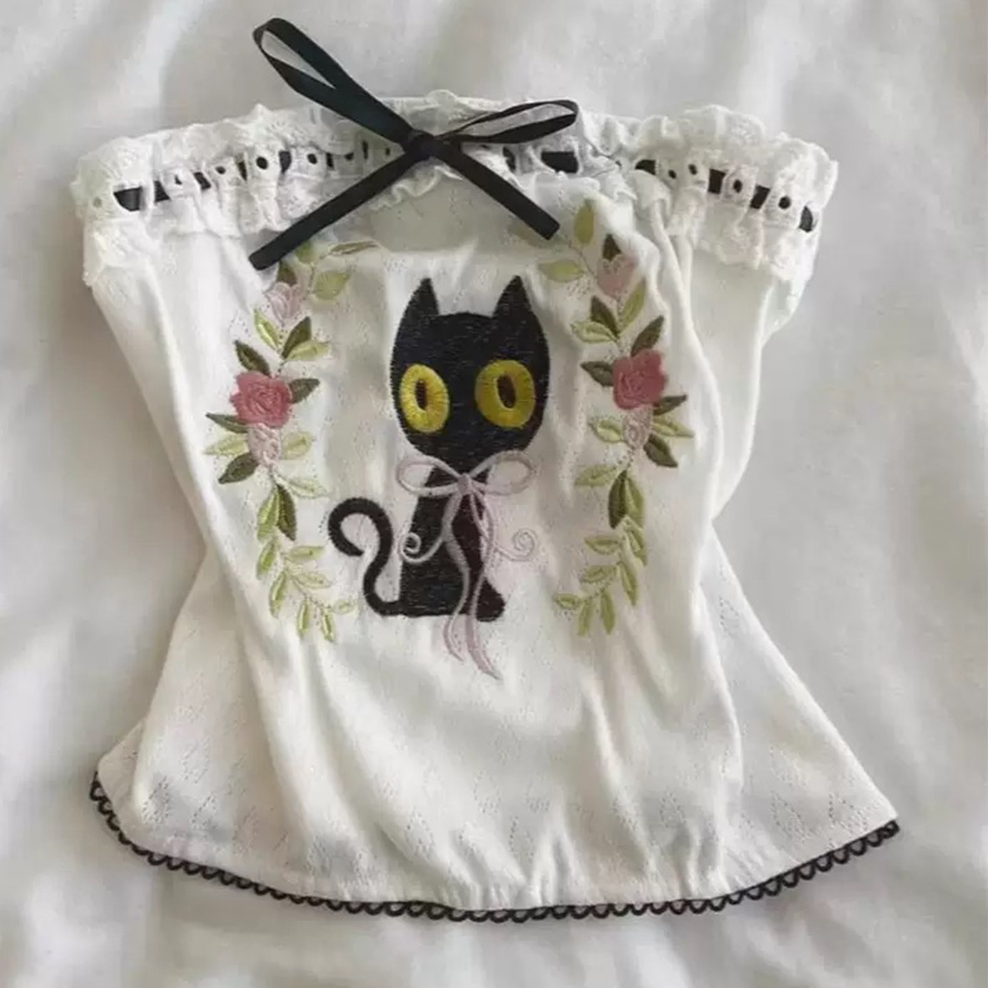 千禧风日系少女风猫咪花卉刺绣抹胸甜妹风收腰显瘦蕾丝吊带上衣