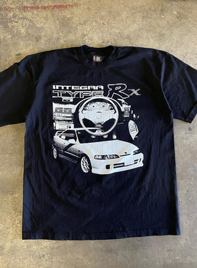 Modified cars 趣味汽车方向盘印花圆领宽松百搭短袖T恤情侣上衣