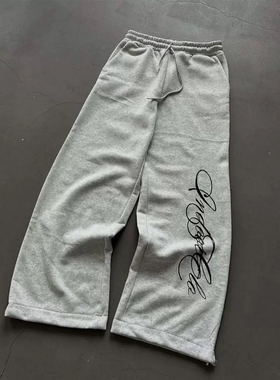 y2k hoodie美式街头字母印花灰色卫裤女宽松高腰直筒阔腿裤慵懒风