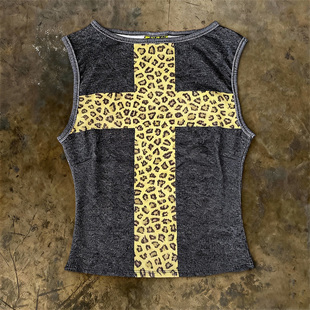 朋克风豹纹十字架背心女内搭辣妹街头无袖 美式 上衣 hoodie y2k