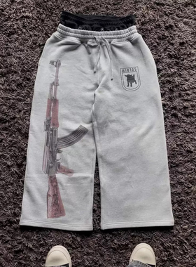 y2k hoodie~美式高街风印花卫裤男女宽松抽绳灰色直筒裤休闲裤潮