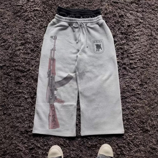 hoodie 休闲裤 美式 男女宽松抽绳灰色直筒裤 潮 高街风印花卫裤 y2k