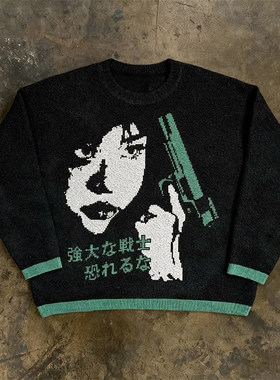 y2k hoodie~摇滚朋克印花毛衣男女复古潮牌圆领长袖针织衫高街风