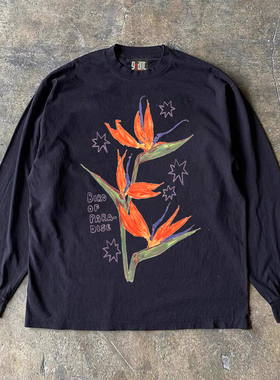 y2k hoodie~美式长袖T恤黑白色花卉印花oversize重磅纯棉情侣百搭