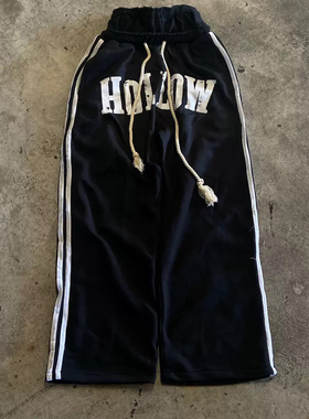 y2k hoodie~复古运动风字母印花抽绳卫裤女黑色宽松直筒长裤小众