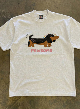 美式复古重磅纯棉小众原创不撞款~PAWSOME腊肠犬涂鸦印花短袖T恤