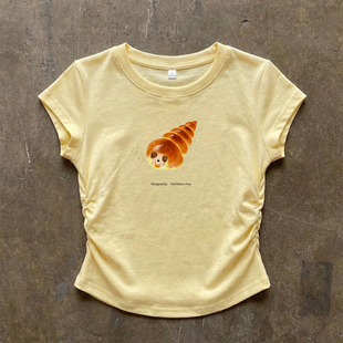 美式 小众设计感海螺面包小狗印花上衣辣妹风抽绳收腰白色圆领T恤