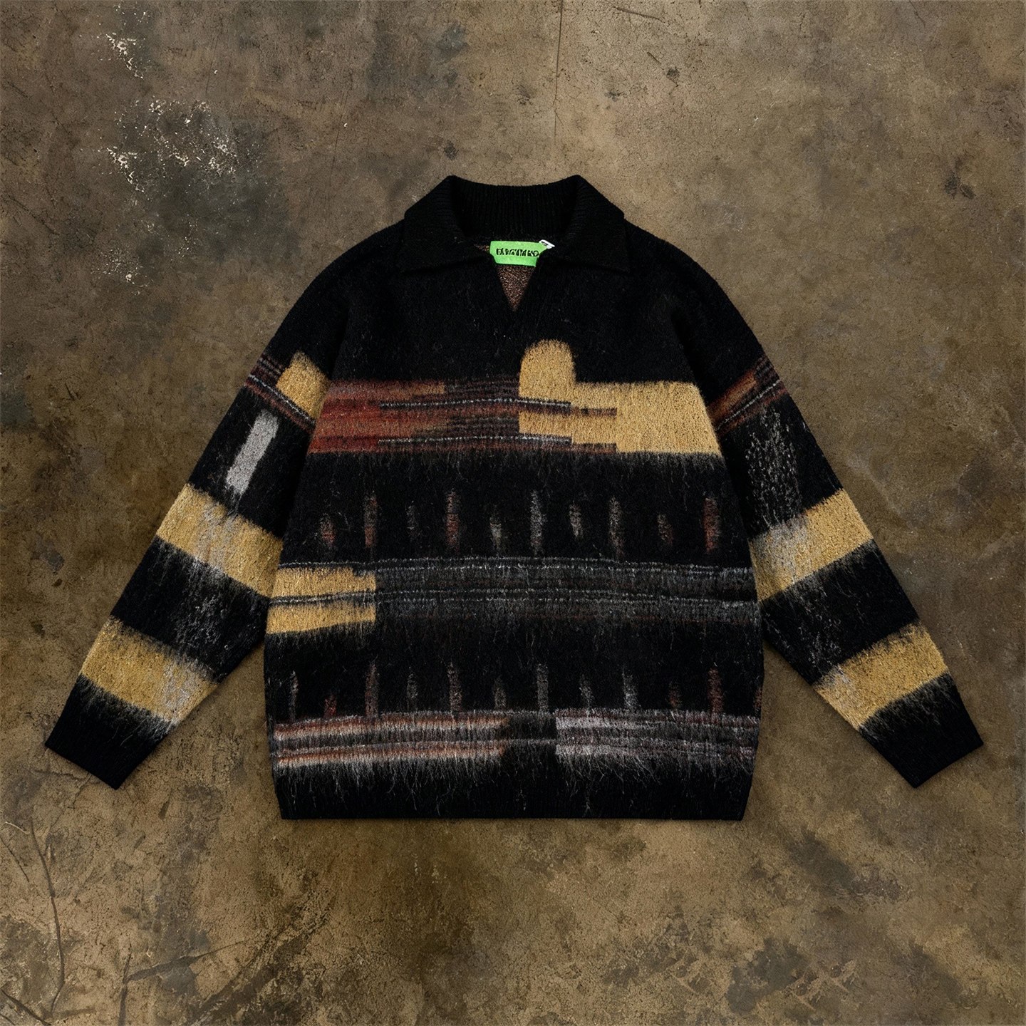 y2k hoodie~美式复古撞色条纹翻领羊绒衫男女宽松情侣针织衫毛衣