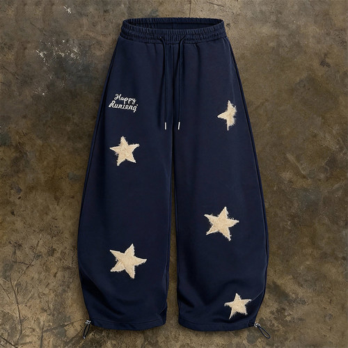 y2k hoodie~复古星星字母刺绣卫裤男女宽松慵懒风阔腿长裤休闲裤