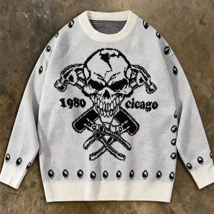 骷髅头圆领毛衣男女宽松套头针织衫 美式 秋冬百搭上衣 hoodie y2k