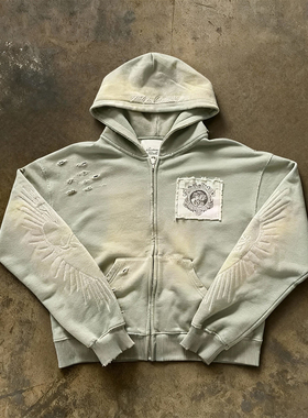 y2k hoodie重工水洗复古印花连帽卫衣男女宽松拉链开衫外套百搭