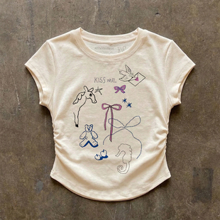 趣味手绘动物蝴蝶结印花抽褶短袖 显瘦圆领上衣 T恤甜酷辣妹风修身