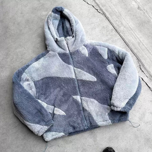 y2k hoodie~美式小众绒感连帽羊羔毛外套男女宽松拉链夹克保暖冬