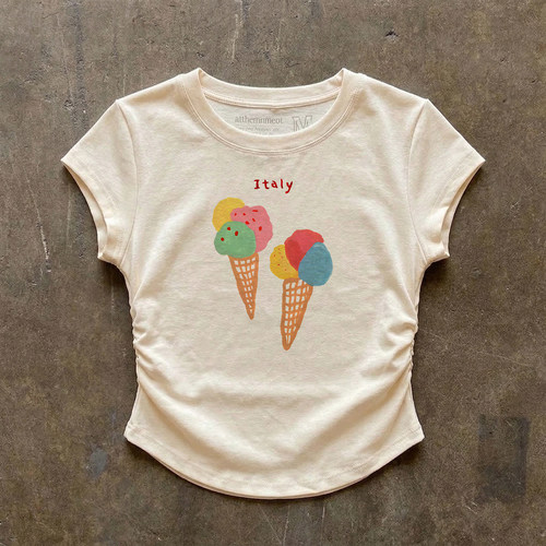 美式复古冰淇淋印花抽绳短袖T恤女甜妹风修身显瘦短款圆领上衣女