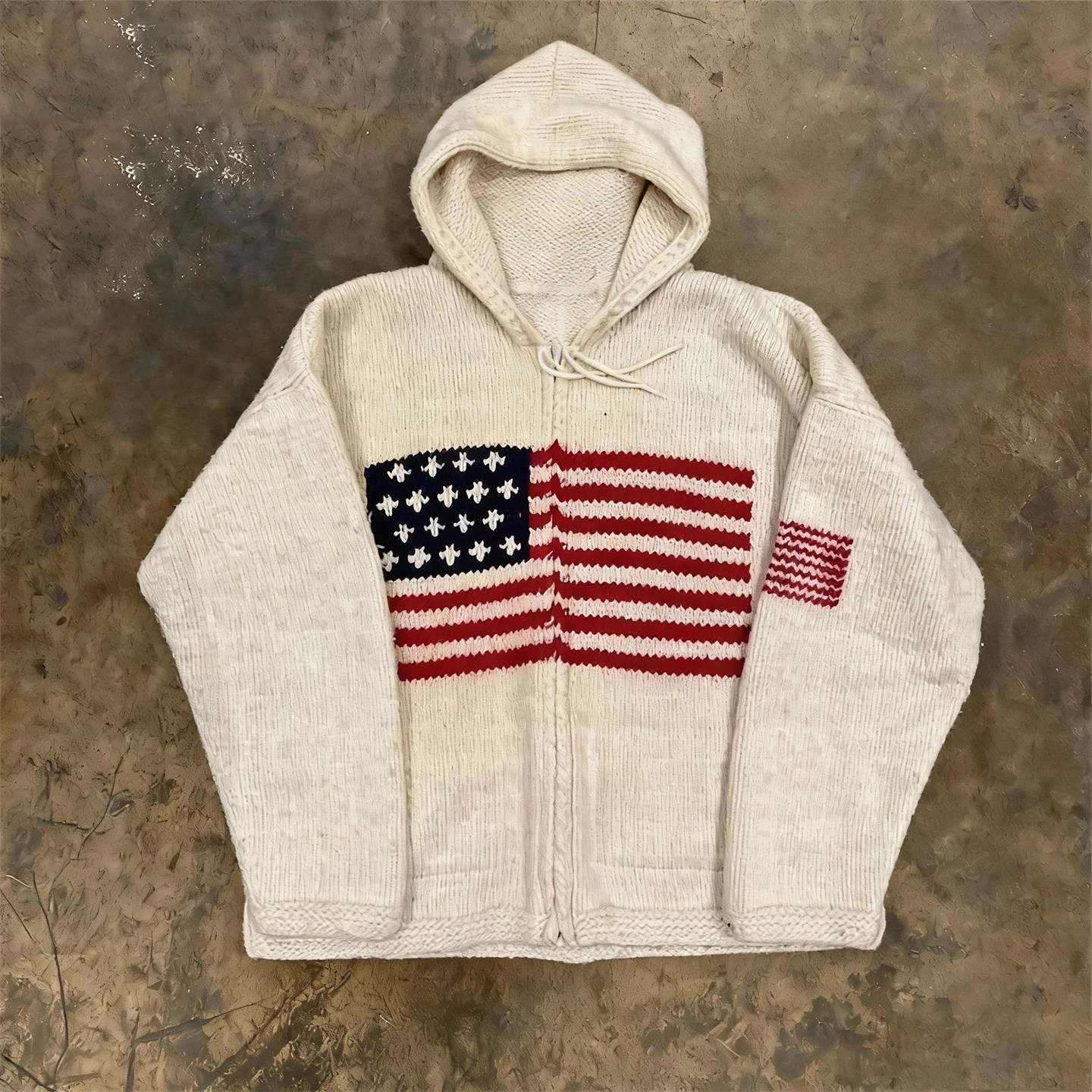 y2k hoodie~美式米白色连帽拉链针织开衫女长袖宽松休闲街头毛衣