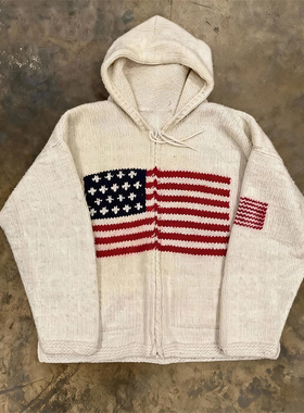 y2k hoodie~美式米白色连帽拉链针织开衫女长袖宽松休闲街头毛衣