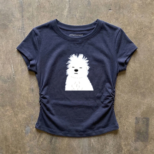 慵懒炸毛小白狗印花短袖 辣妹上衣女 T恤女夏侧边抽绳收腰显瘦短款