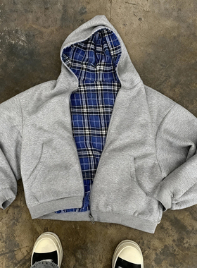y2k hoodie美式格子风双面穿连帽拉链卫衣男慵懒风宽松设计感外套