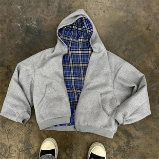 y2k 格子风双面穿连帽拉链卫衣男慵懒风宽松设计感外套 hoodie美式