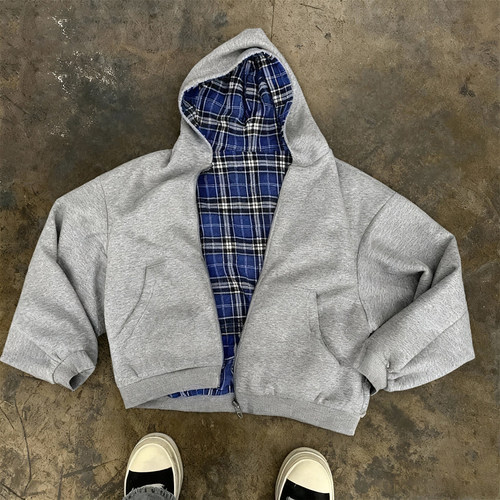 y2k hoodie美式格子风双面穿连帽拉链卫衣男慵懒风宽松设计感外套