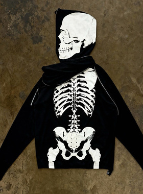 酷感骷髅头y2k印花连帽卫衣男女通用黑色拉链外套高街风暗黑街头