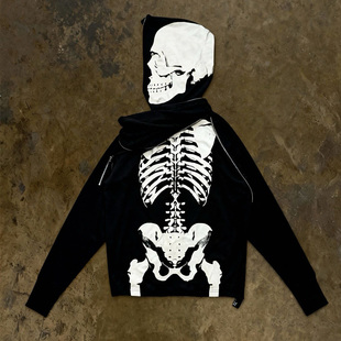 酷感骷髅头y2k印花连帽卫衣男女通用黑色拉链外套高街风暗黑街头