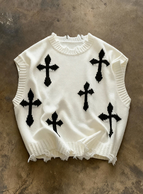 y2k hoodie十字架提花针织背心无袖圆领毛衣坎肩百搭白色毛线背心
