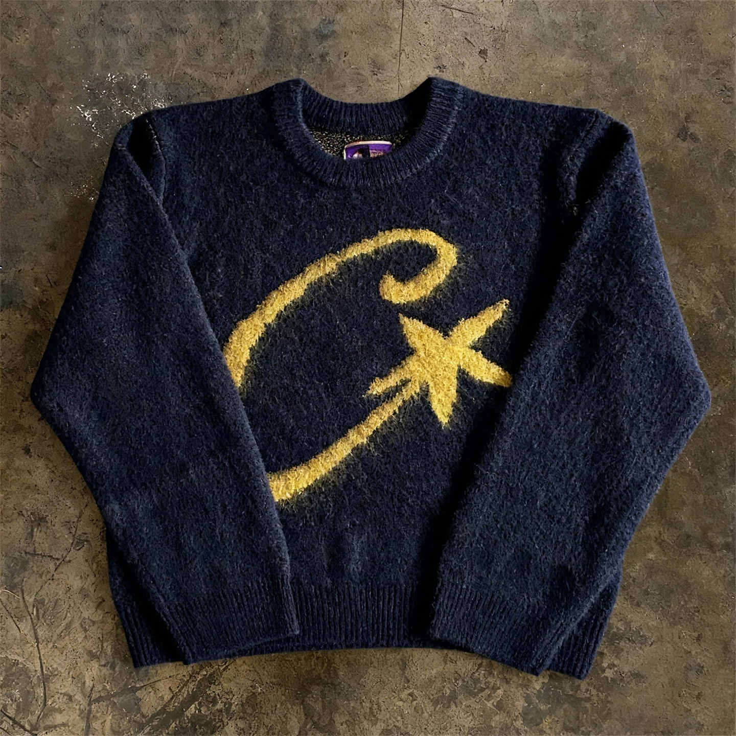 y2k hoodie~酷感马海毛毛衣男圆领大C刺绣宽松百搭针织衫黑色长袖