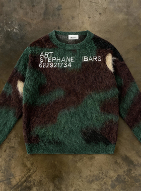 y2k hoodie美式复古迷彩圆领毛衣男女套头宽松百搭情侣针织衫绿色