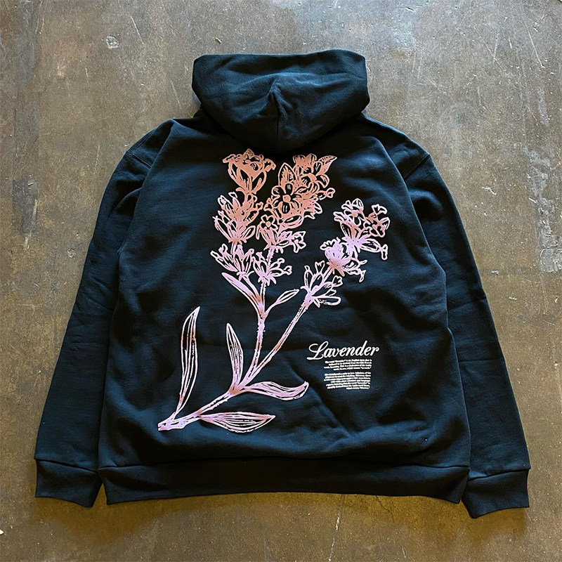 7VN7VN7VN 라벤더 꽃 홍콩 스타일 남성과 여성 커플 틈새 디자인 빈티지 후드 티셔츠