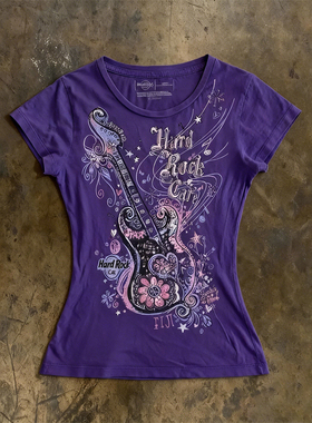 y2k hoodie~美式小众复古紫色吉他印花短袖T恤女夏宽松摇滚风上衣