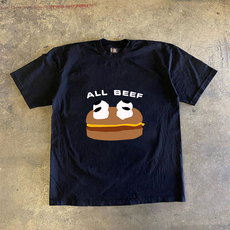 ALL BEEF短袖T恤女潮牌宽松日系全牛肉汉堡印花图案打底衫上衣ins