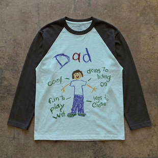 T恤宽松上衣 画爸爸小众字母百搭学生情侣长袖 清仓特价 重磅不透