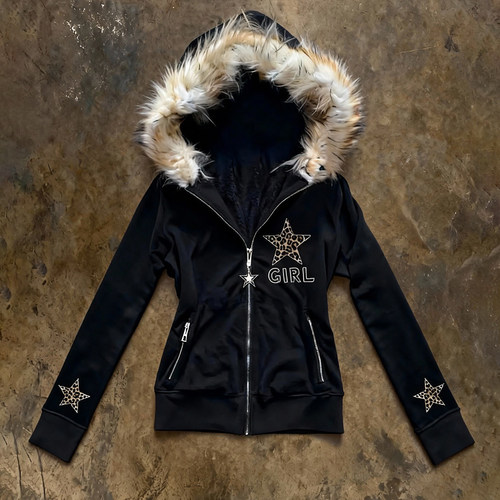 y2k hoodie美式复古小众黑色豹纹星星连帽毛领拉链卫衣女收腰外套