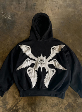 y2k hoodie美式高街风哥特天使刺绣连帽卫衣男女暗黑宽松长袖上衣