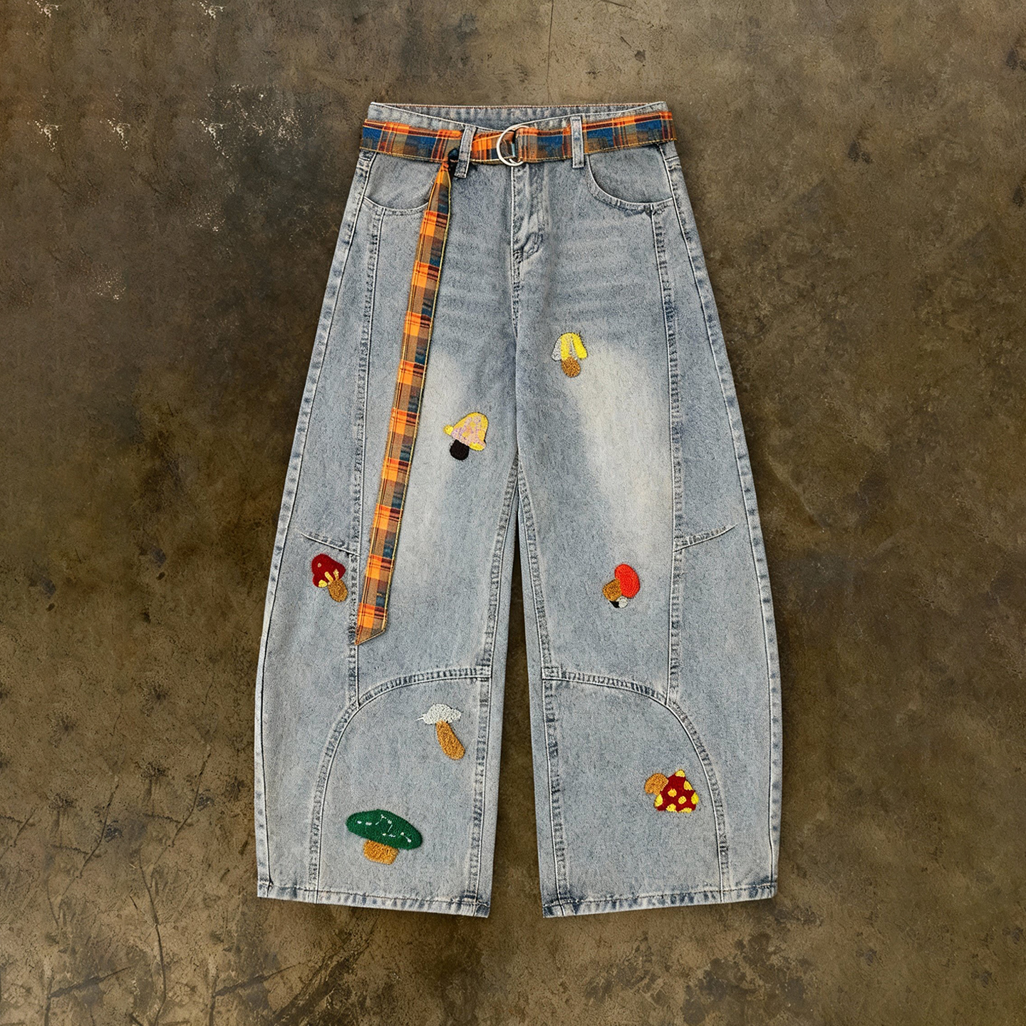 y2k hoodie~美式小众复古卡通刺绣牛仔裤女宽松阔腿裤休闲长裤