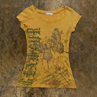 Y2k千禧辣妹风蝴蝶印花U领短袖T恤亚文化做旧修身显瘦辣妹上衣女