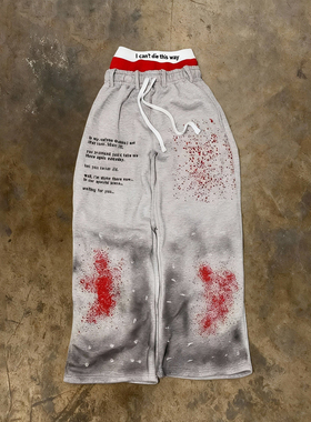 y2k hoodie~美式小众街头风假两件印花阔腿裤女宽松灰色长裤潮流