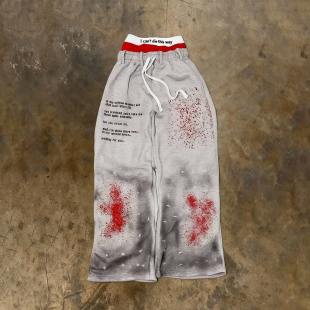 女宽松灰色长裤 y2k 小众街头风假两件印花阔腿裤 美式 潮流 hoodie