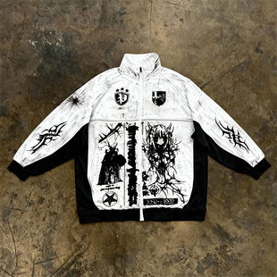 小众高街风印花拉链卫衣黑白复古加绒外套休闲长袖 y2k hoodie美式