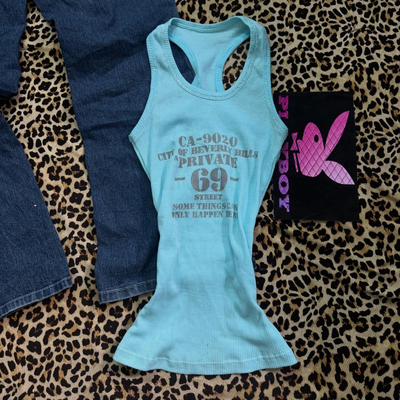 美式复古Beverly Hills字母工字背心辣妹修身坑条薄荷绿无袖上衣