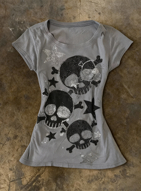 y2k hoodie~朋克骷髅头印花T恤夏短袖灰色宽松美式复古辣妹风上衣