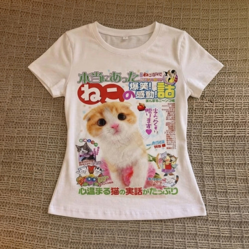 日系复古vintag卡通猫咪印花古早千禧短袖t恤女修身可爱软妹上衣